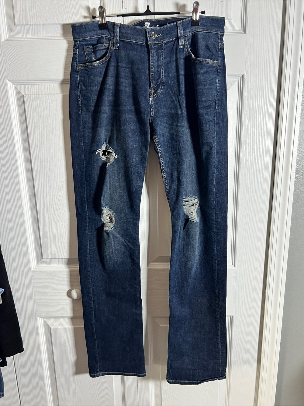 7 for All Mankind Men's Distressed Dark Blue Jeans - Classic Straight Fit